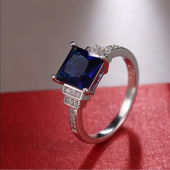 925 Sterling Silver Square Cut Royal Blue CZ  Ring - Picture 3 of 11